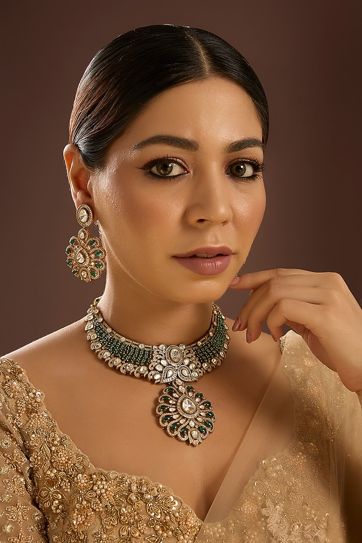 Gold Finish Kundan Polki & Green Stone Handcrafted Choker Necklace Set by Auraa Trends at Pernia's Pop Up Shop