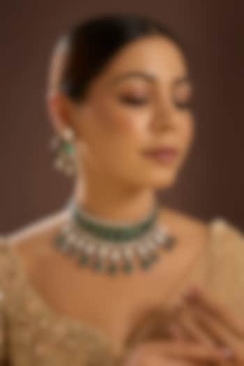 Gold Finish Kundan Polki & Emerald Green Stone Handcrafted Choker Necklace Set by Auraa Trends at Pernia's Pop Up Shop