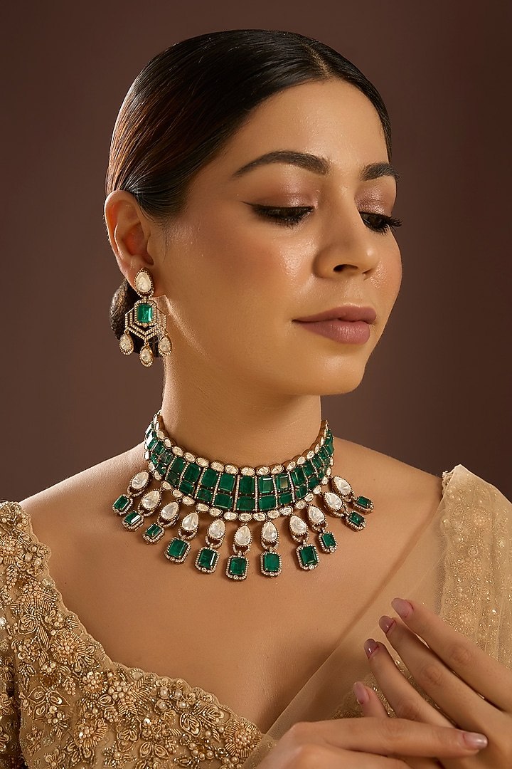 Gold Finish Kundan Polki & Emerald Green Stone Handcrafted Choker Necklace Set by Auraa Trends at Pernia's Pop Up Shop