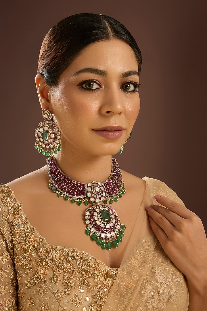 Gold Finish Kundan Polki & Ruby Stone Choker Necklace by Auraa Trends at Pernia's Pop Up Shop