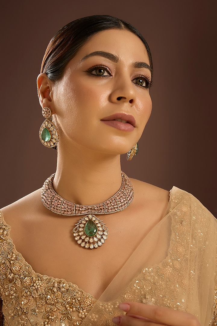 Champagne Gold Finish Kundan Polki & Emerald Green Stone Choker Necklace Set by Auraa Trends at Pernia's Pop Up Shop