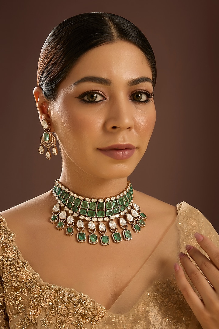 Gold Finish Kundan Polki & Emerald Green Stone Choker Necklace Set by Auraa Trends at Pernia's Pop Up Shop