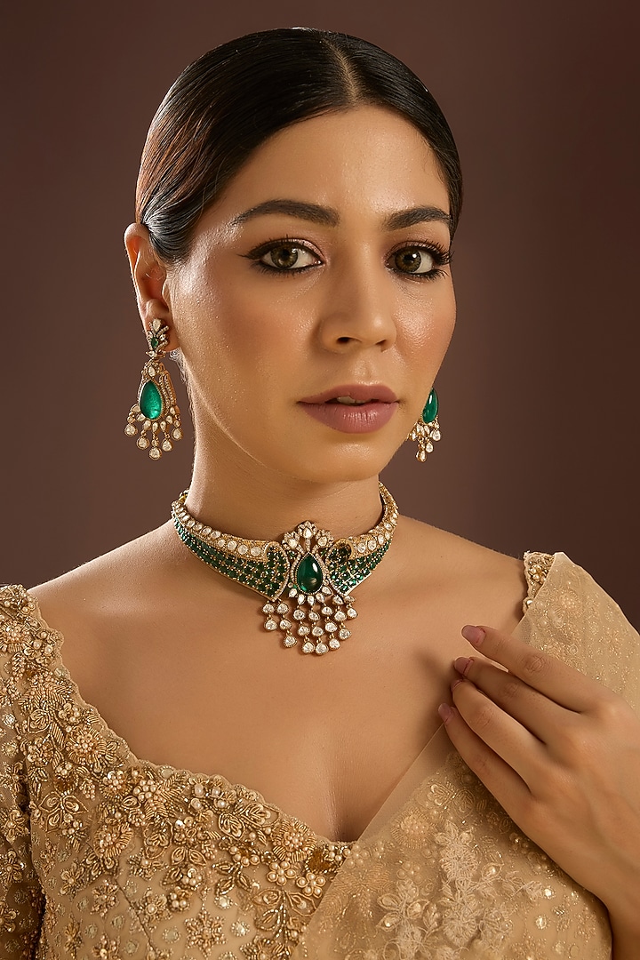 Gold Finish Kundan Polki & Emerald Green Stone Choker Necklace Set by Auraa Trends at Pernia's Pop Up Shop