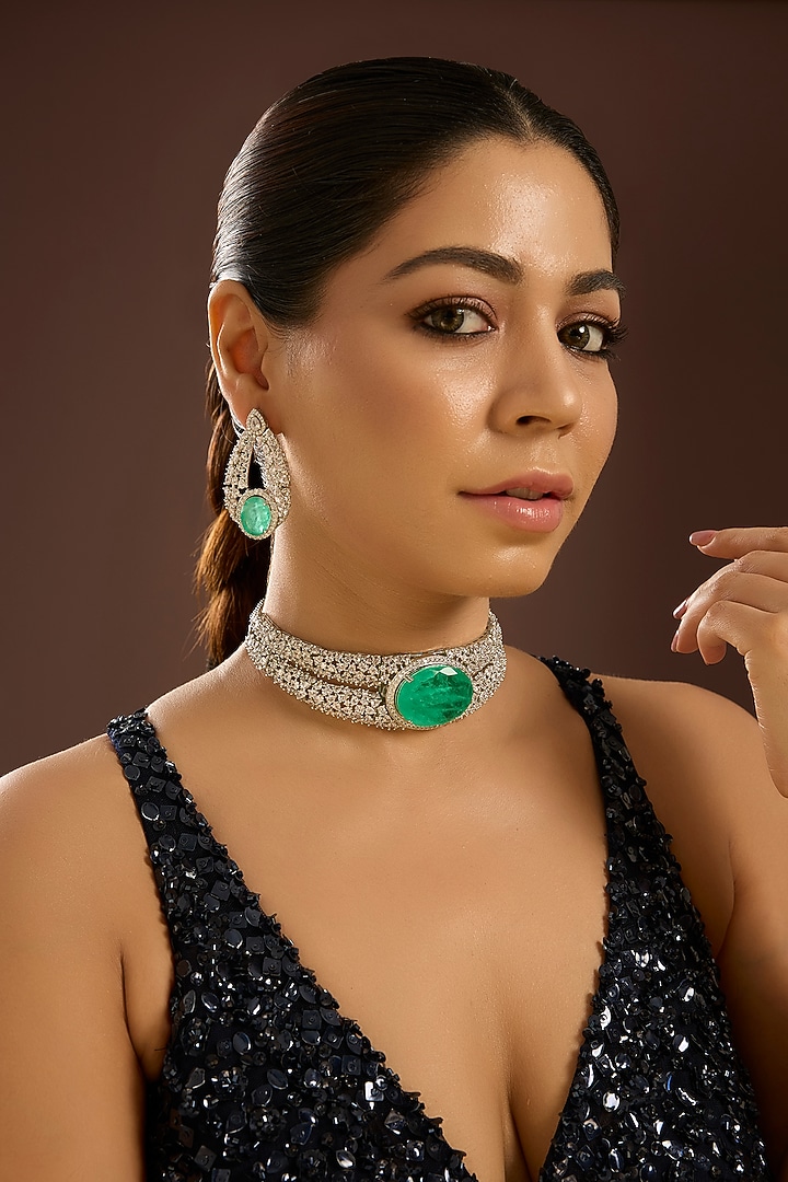 Gold Finish Diamond & Emerald Stone Choker Necklace Set by Auraa Trends at Pernia's Pop Up Shop