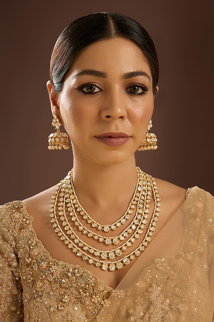 Gold Finish Kundan Polki Layered Necklace Set by Auraa Trends at Pernia's Pop Up Shop