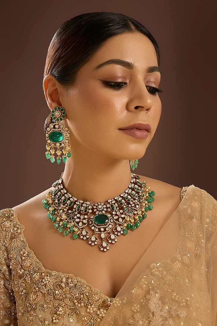 Gold Finish Kundan Polki & Emerald Stone Choker Necklace Set by Auraa Trends at Pernia's Pop Up Shop