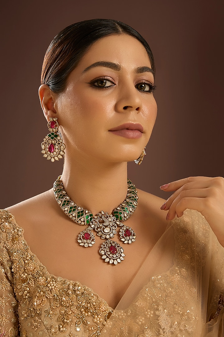 Gold Finish Kundan Polki & Emerald Stone Choker Necklace Set by Auraa Trends at Pernia's Pop Up Shop