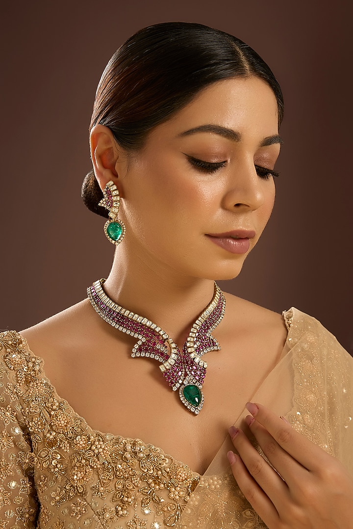 Gold Finish Ruby & Emerald Stone choker Necklace Set by Auraa Trends at Pernia's Pop Up Shop