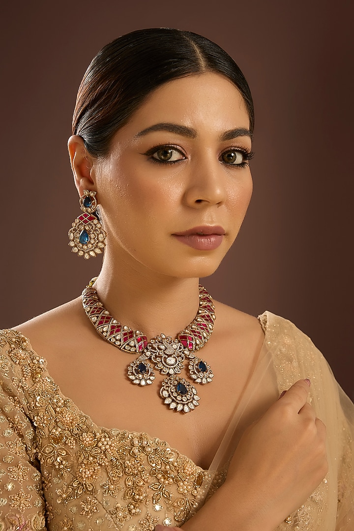 Gold Finish Kundan Polki & Ruby Stone Choker Necklace Set by Auraa Trends at Pernia's Pop Up Shop