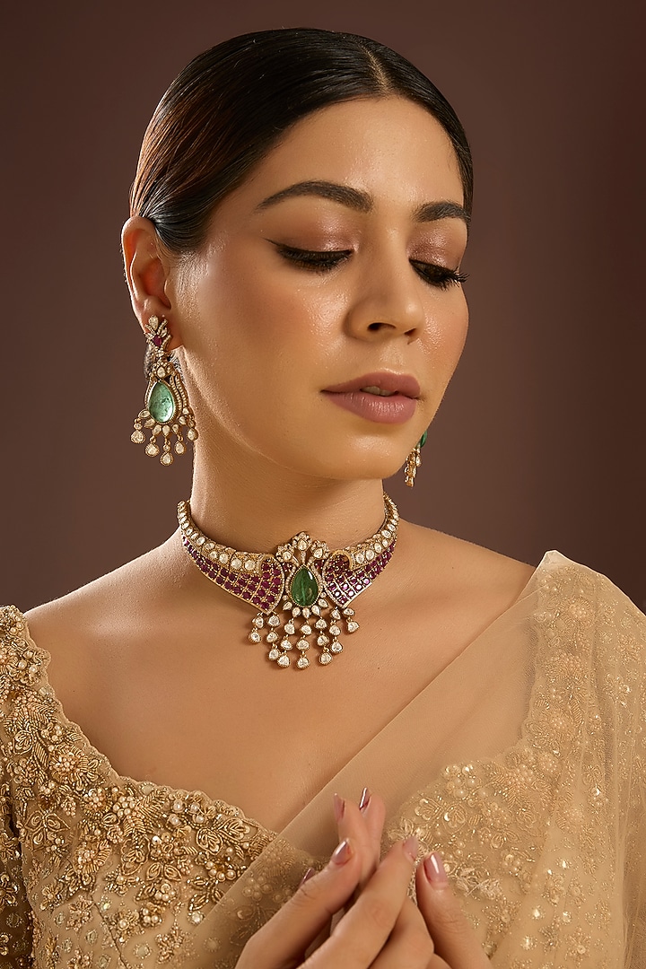 Gold Finish Kundan Polki & Ruby Stone Choker Necklace Set by Auraa Trends at Pernia's Pop Up Shop