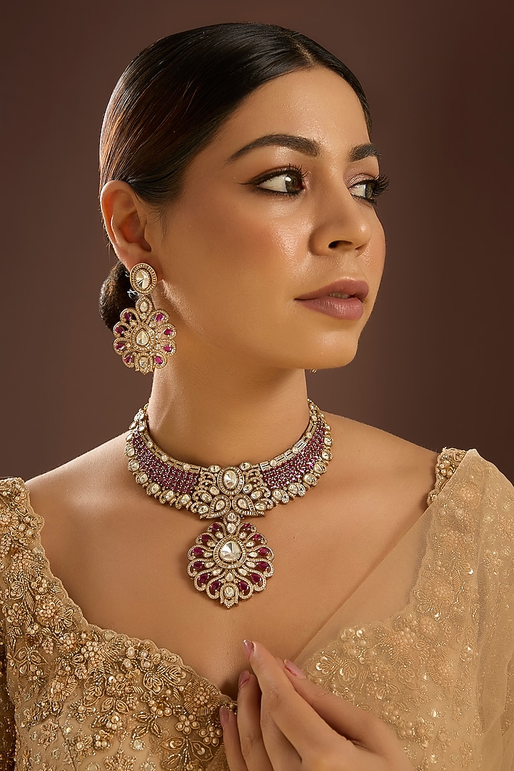 Gold Finish Kundan Polki & Ruby Stone Choker Necklace Set by Auraa Trends at Pernia's Pop Up Shop