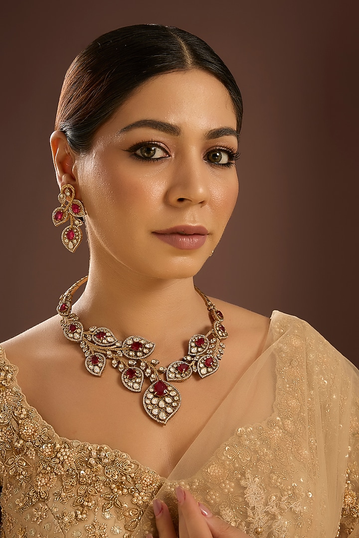 Gold Finish Kundan Polki & Ruby Stone Choker Necklace Set by Auraa Trends at Pernia's Pop Up Shop