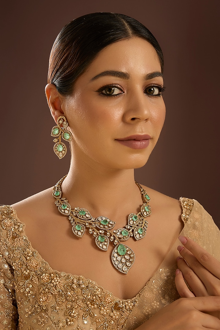 Gold Finish Kundan Polki & Mint Green Stone Choker Necklace Set by Auraa Trends at Pernia's Pop Up Shop