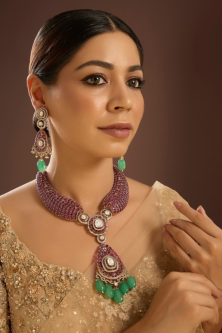 Gold Finish Emerald Drop & Ruby Beaded Handcrafted Choker Necklace Set by Auraa Trends at Pernia's Pop Up Shop