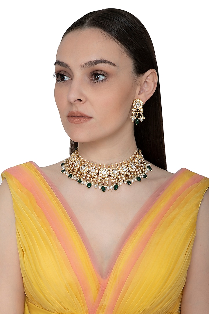 Gold Finish Pearl Drop Necklace Set by Auraa Trends