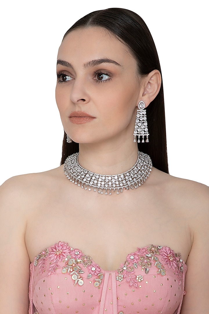 White Finish Diamante Necklace Set by Auraa Trends