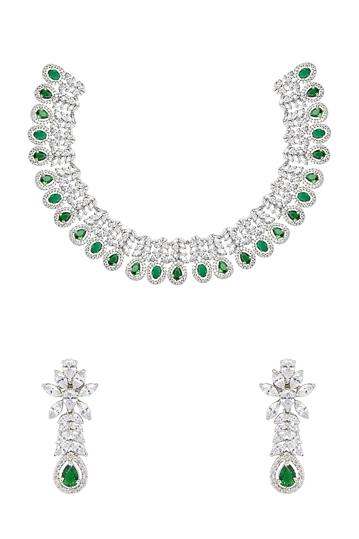 White Finish Green Onyx & Diamante Necklace Set by Aura Trends at Pernia's Pop Up Shop