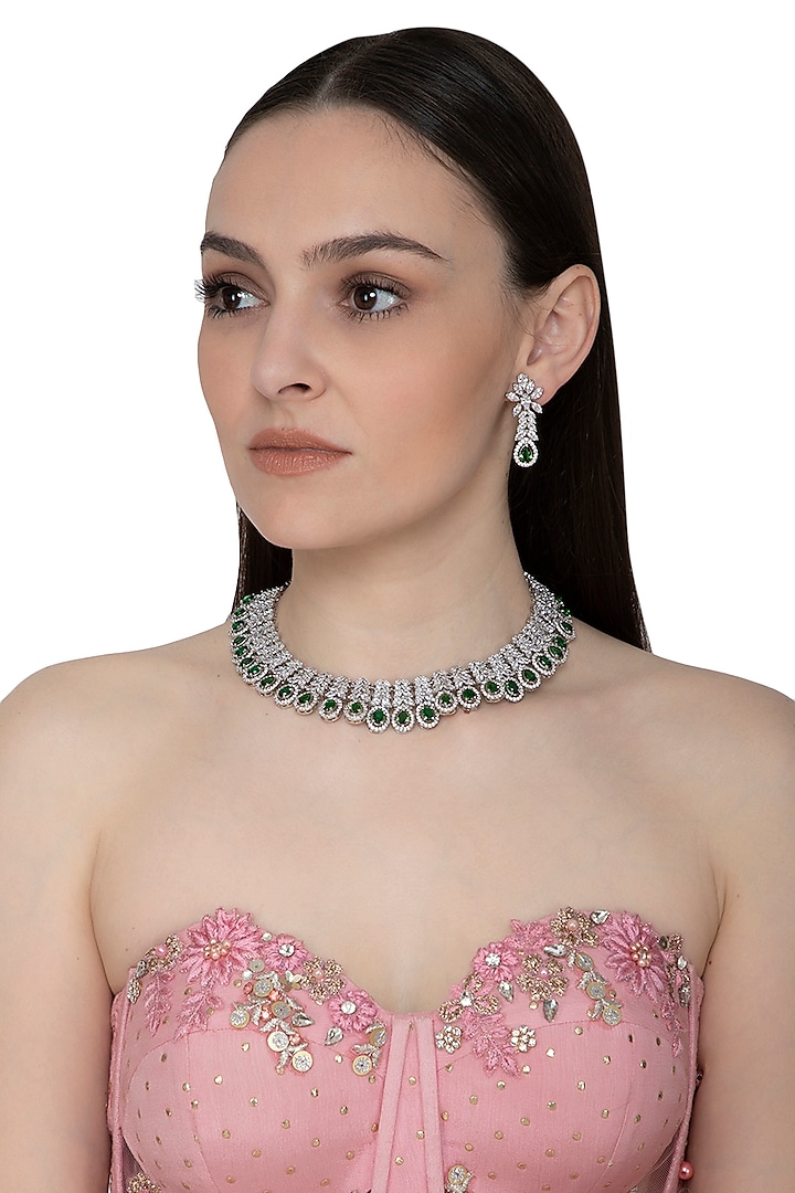 White Finish Green Onyx & Diamante Necklace Set by Auraa Trends