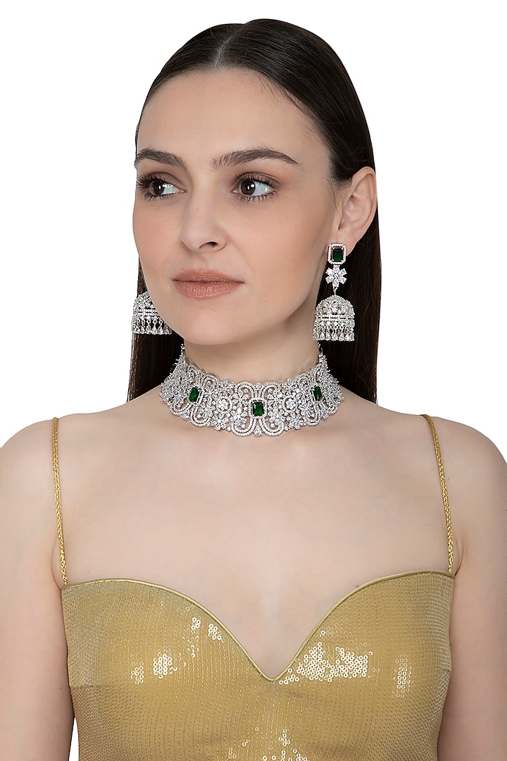 White Finish Diamante Green Necklace Set by Auraa Trends