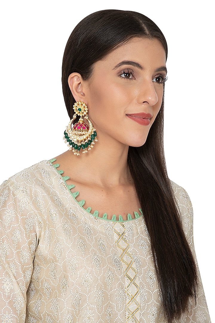 Gold Finish Red & Green Chandbali Earrings by Auraa Trends