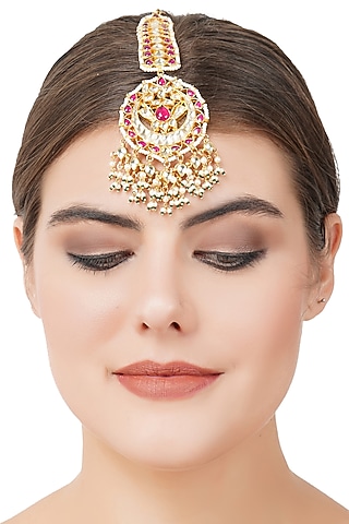 Gold Plated Pearl Drop Maang Tikka by Aura Trends