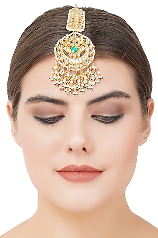 Gold Plated Green Onyx Maang Tikka by Aura Trends