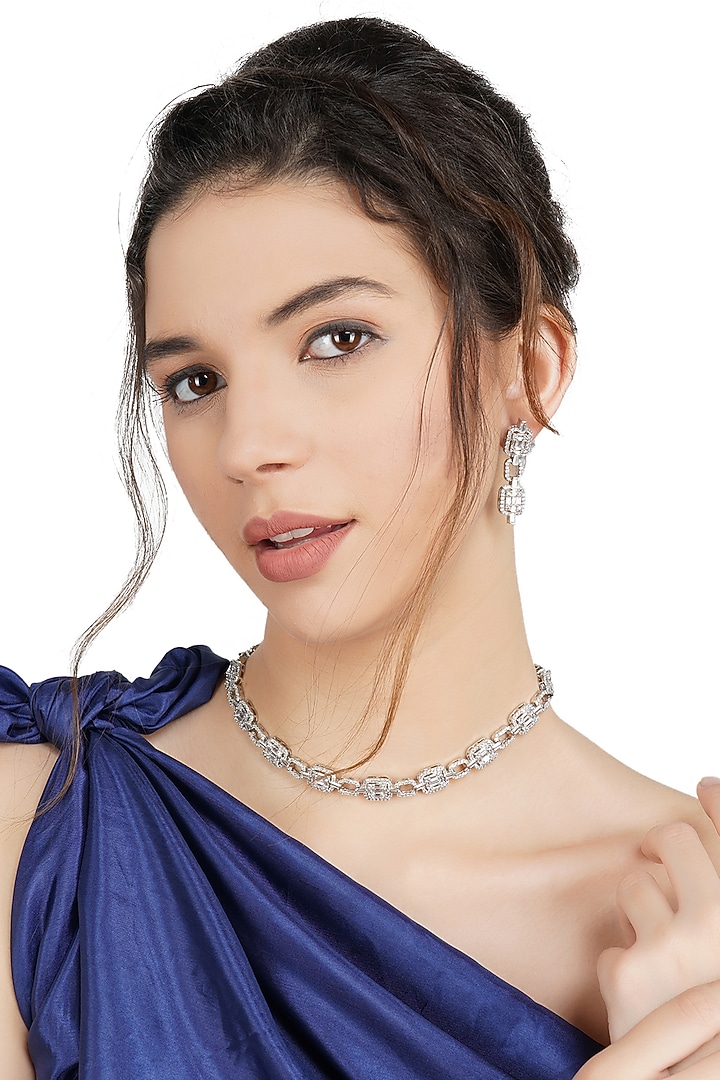 White Rhodium Finish Necklace Set With Diamonds by Auraa Trends at Pernia's Pop Up Shop