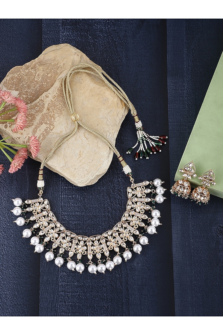 Gold Plated Kundan Polki & Green Beaded Necklace Set by Aura Trends at Pernia's Pop Up Shop