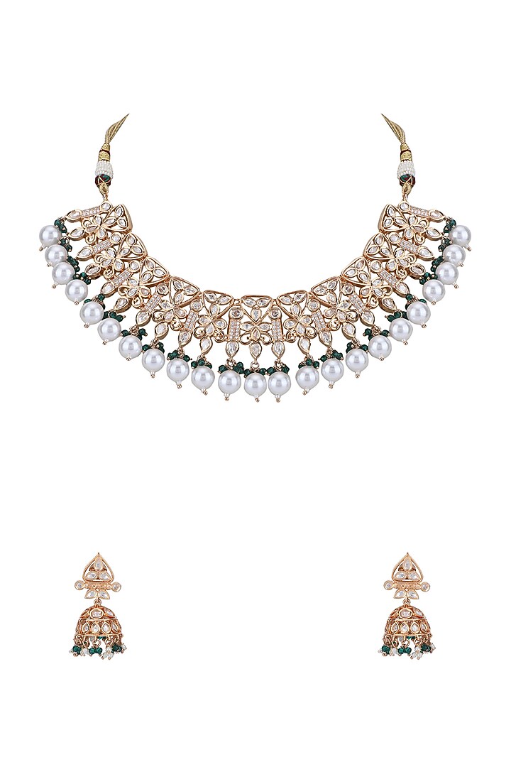 Gold Plated Kundan Polki & Green Beaded Necklace Set by Aura Trends at Pernia's Pop Up Shop