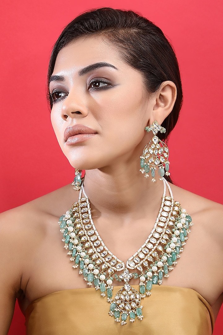 Gold Plated Kundan Polki & Blue Beaded Necklace Set by Aura Trends at Pernia's Pop Up Shop