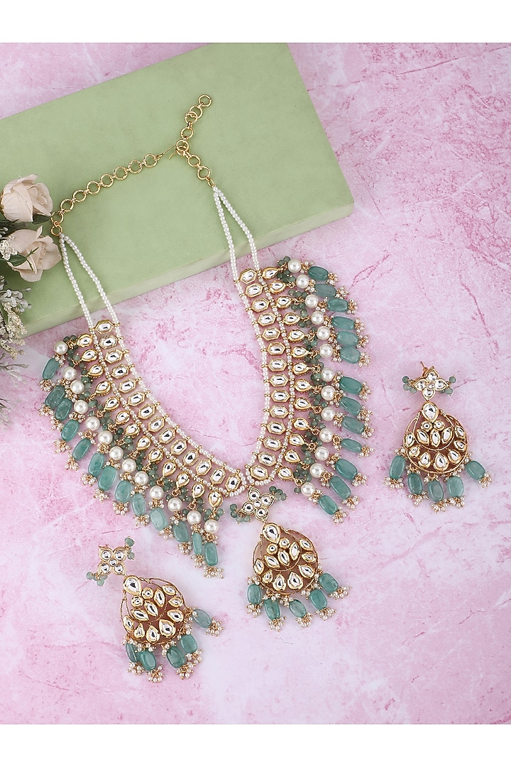 Gold Plated Kundan Polki & Blue Beaded Necklace Set by Aura Trends at Pernia's Pop Up Shop