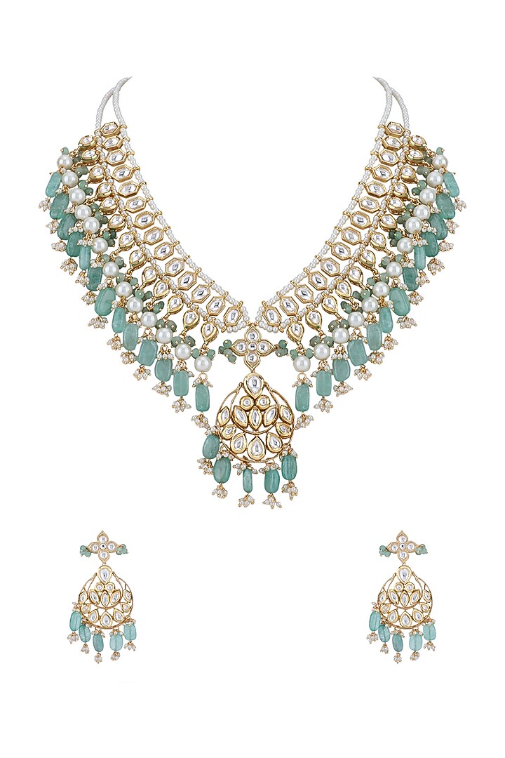 Gold Plated Kundan Polki & Blue Beaded Necklace Set by Aura Trends at Pernia's Pop Up Shop