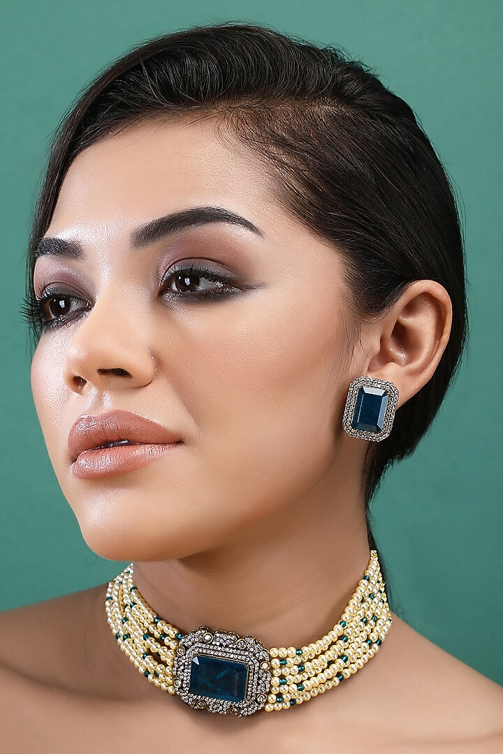 Gold Plated Blue Kundan Polki Choker Necklace Set by Aura Trends at Pernia's Pop Up Shop