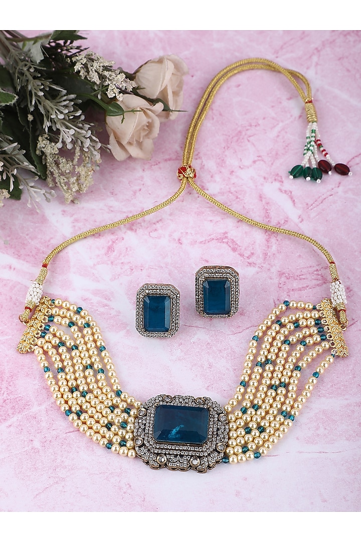 Gold Plated Blue Kundan Polki Choker Necklace Set by Aura Trends at Pernia's Pop Up Shop