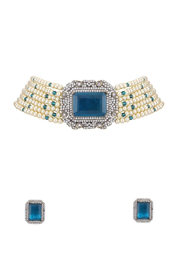 Gold Plated Blue Kundan Polki Choker Necklace Set by Aura Trends at Pernia's Pop Up Shop