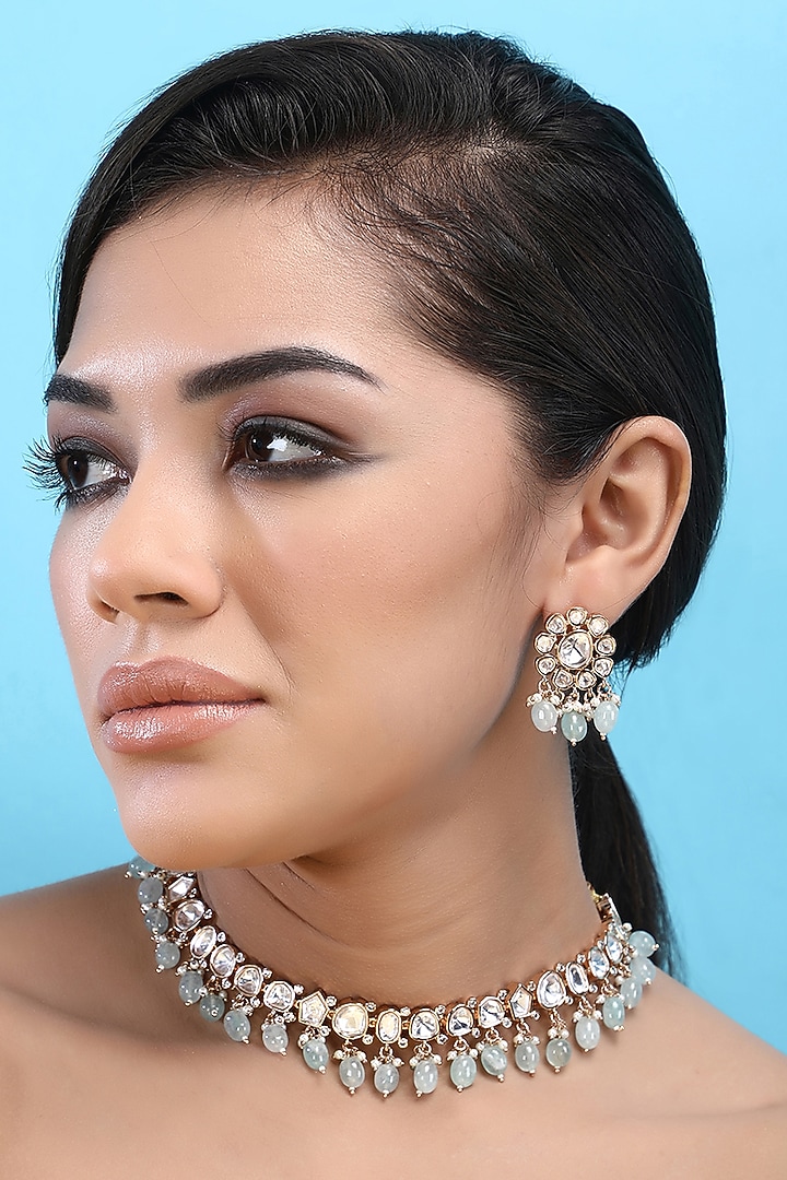 Gold Plated Blue Kundan Polki Necklace Set by Aura Trends at Pernia's Pop Up Shop