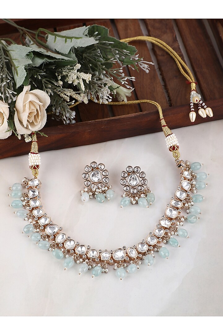 Gold Plated Blue Kundan Polki Necklace Set by Aura Trends at Pernia's Pop Up Shop