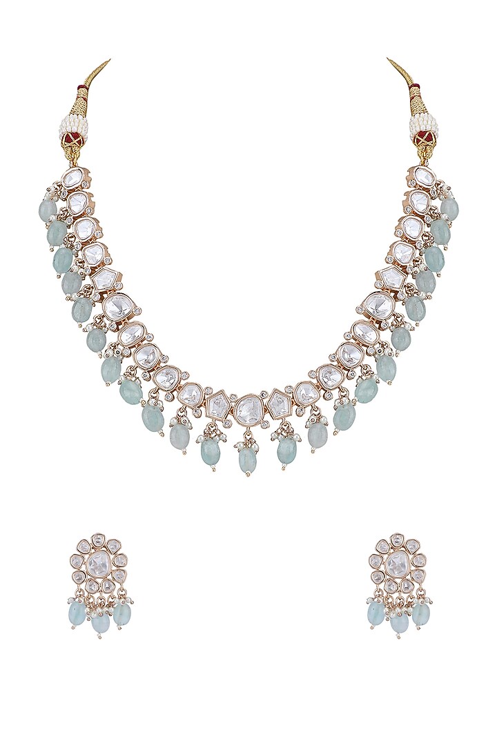 Gold Plated Blue Kundan Polki Necklace Set by Aura Trends at Pernia's Pop Up Shop