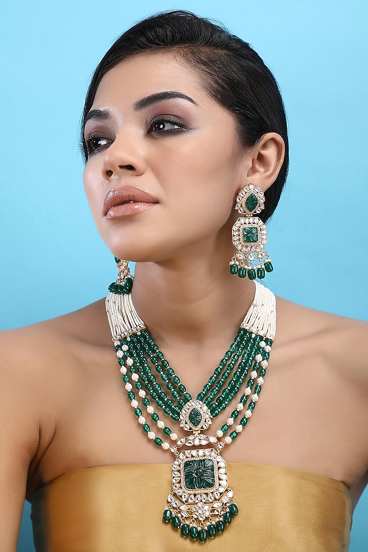Gold Plated Green Kundan Polki Necklace Set by Aura Trends at Pernia's Pop Up Shop
