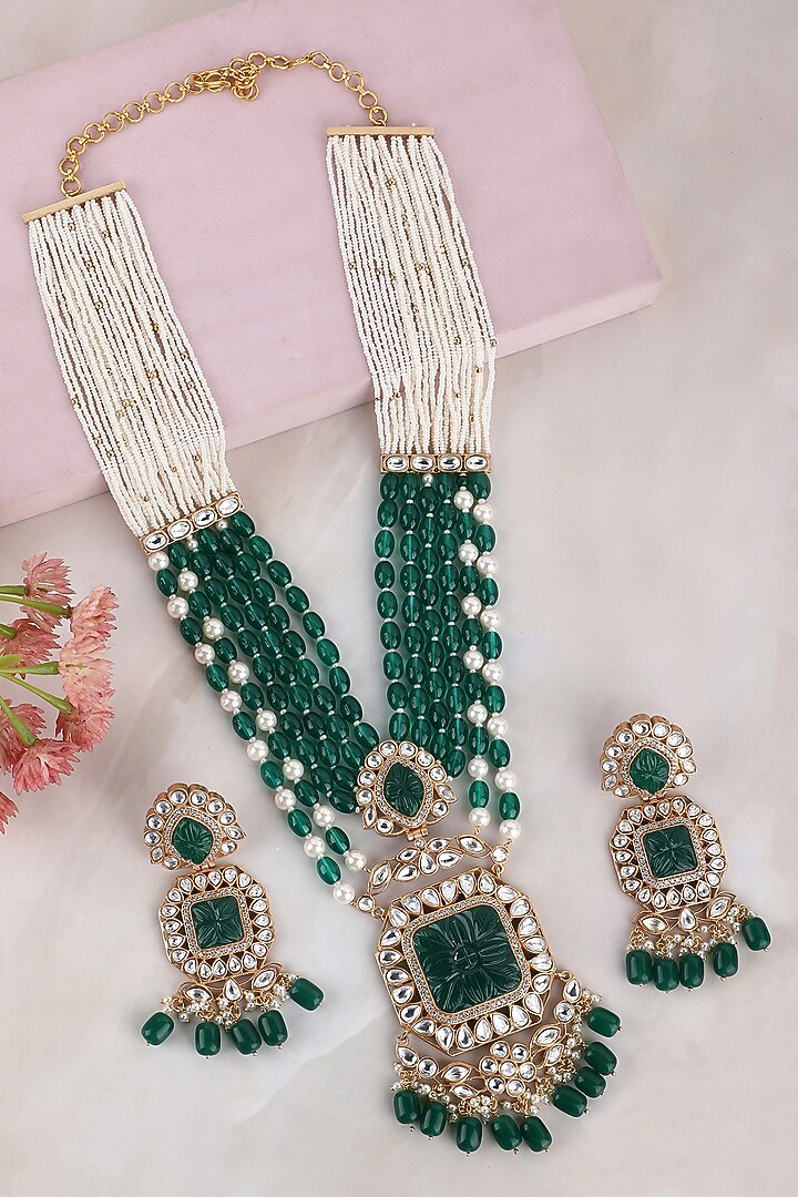 Gold Plated Green Kundan Polki Necklace Set by Aura Trends at Pernia's Pop Up Shop