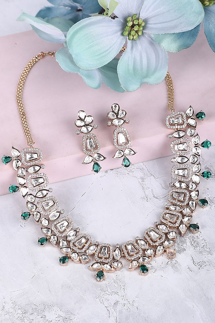 White Rhodium Finish American Diamond & Green Zircon Necklace Set by Aura Trends at Pernia's Pop Up Shop