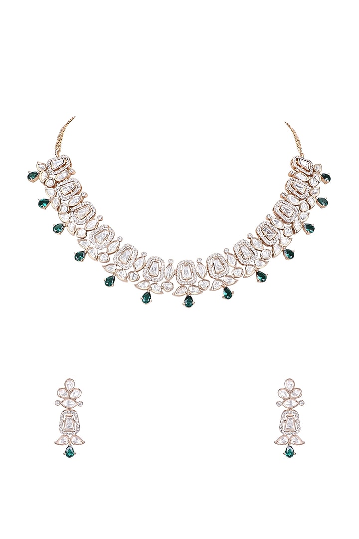 White Rhodium Finish American Diamond & Green Zircon Necklace Set by Aura Trends at Pernia's Pop Up Shop
