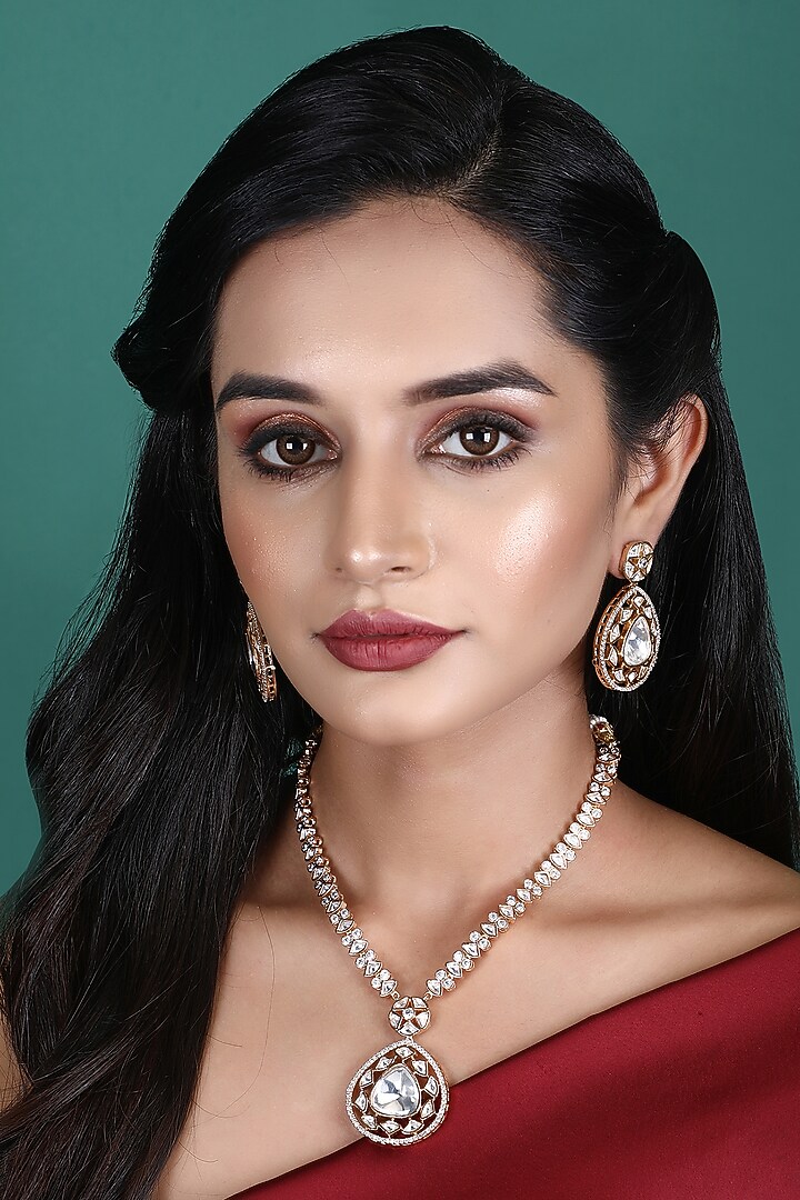 White Rhodium Finish American Diamond & Gold Zircon Necklace Set by Aura Trends at Pernia's Pop Up Shop