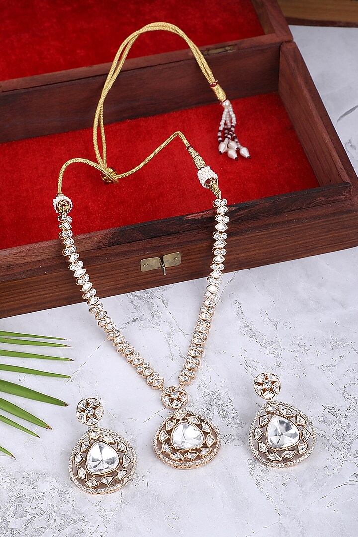 White Rhodium Finish American Diamond & Gold Zircon Necklace Set by Aura Trends at Pernia's Pop Up Shop