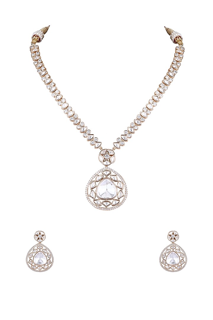 White Rhodium Finish American Diamond & Gold Zircon Necklace Set by Aura Trends at Pernia's Pop Up Shop