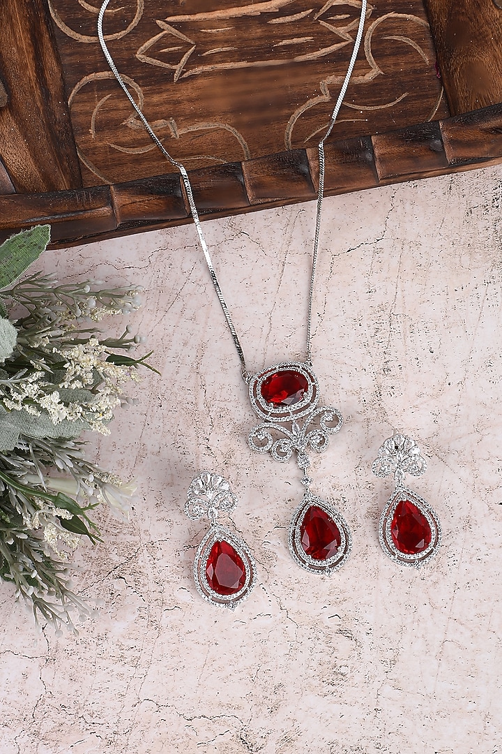 White Rhodium Finish American Diamond & Red Zircon Necklace Set by Aura Trends at Pernia's Pop Up Shop