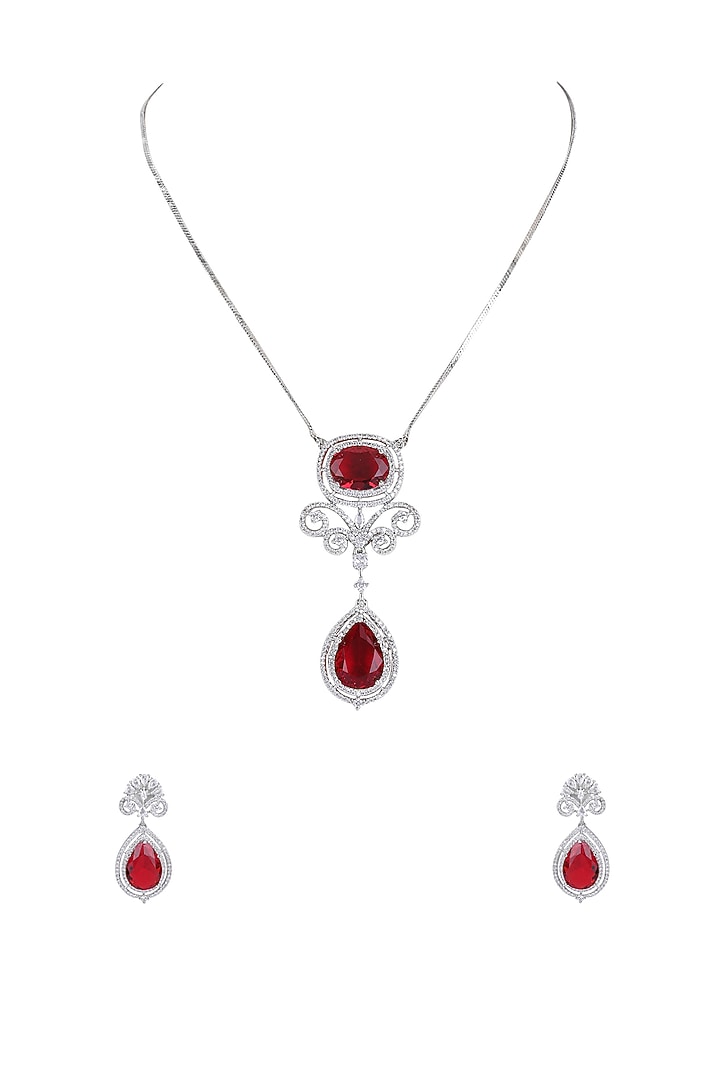White Rhodium Finish American Diamond & Red Zircon Necklace Set by Aura Trends at Pernia's Pop Up Shop