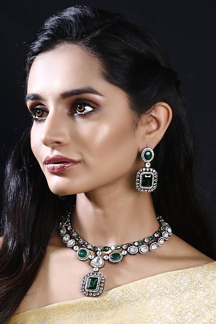 White Rhodium Finish American Diamond & Green Zircon Necklace Set by Aura Trends at Pernia's Pop Up Shop