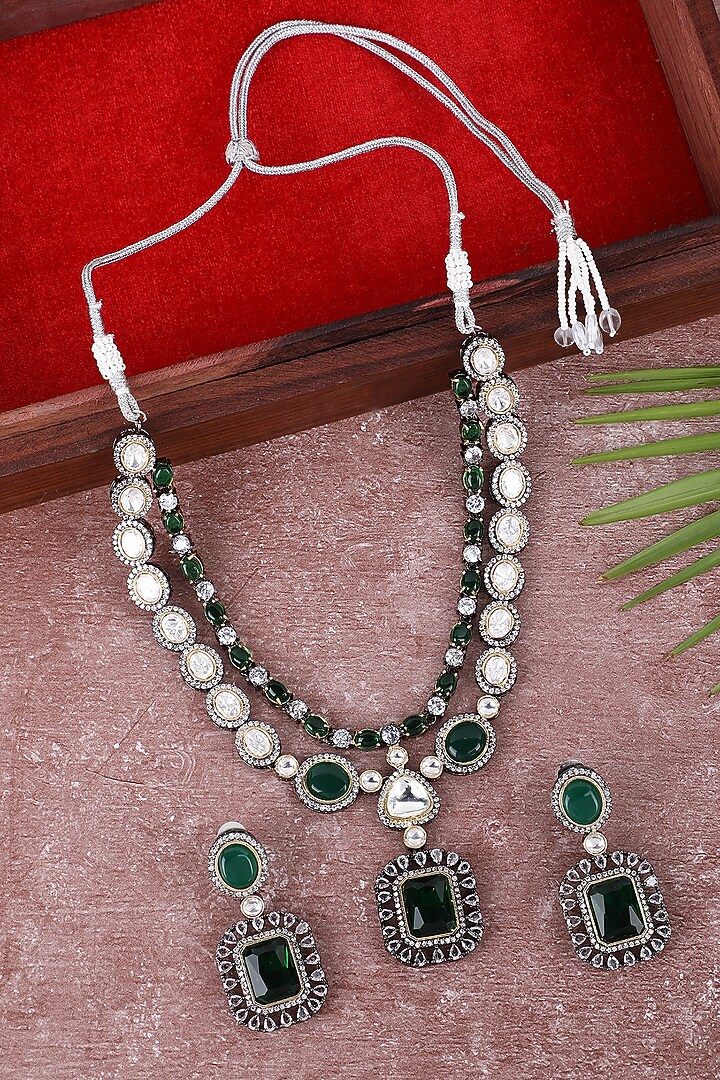 White Rhodium Finish American Diamond & Green Zircon Necklace Set by Aura Trends at Pernia's Pop Up Shop