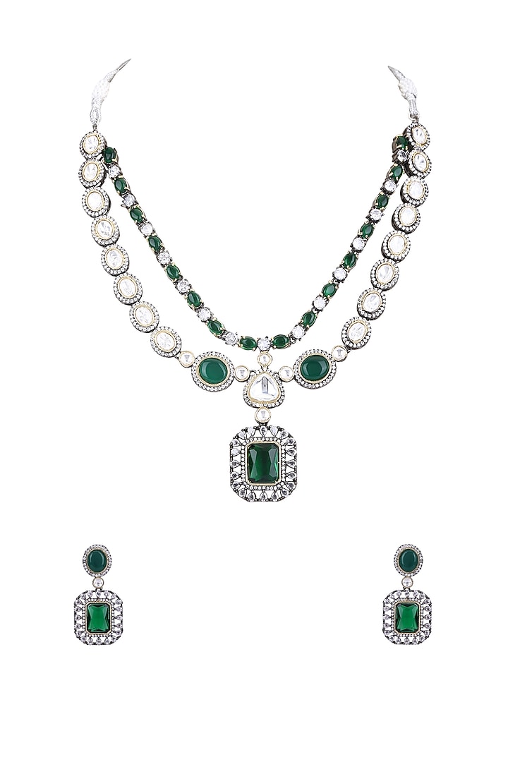 White Rhodium Finish American Diamond & Green Zircon Necklace Set by Aura Trends at Pernia's Pop Up Shop